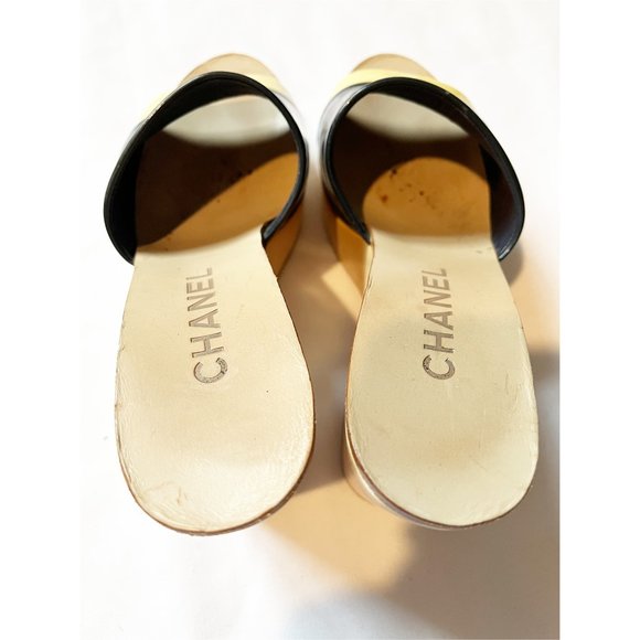 CHANEL Marin Patent Navy/Yellow Leather Platform Wooden Mule Size EU37/US6.5 - Picture 9 of 11